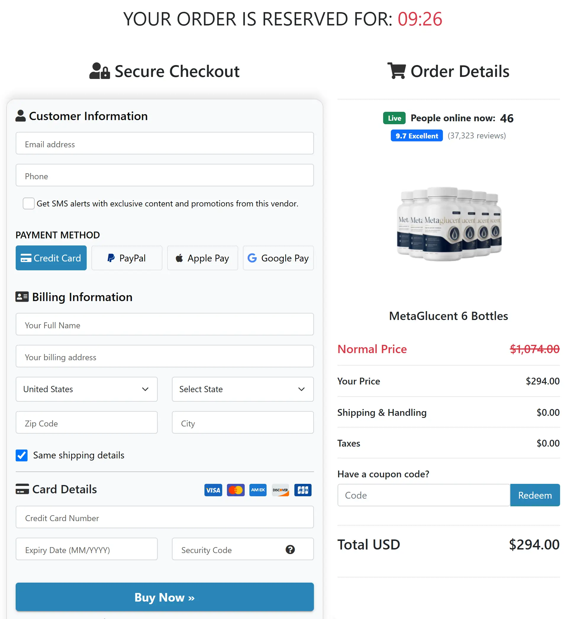 MetaGlucent™ secure checkout page